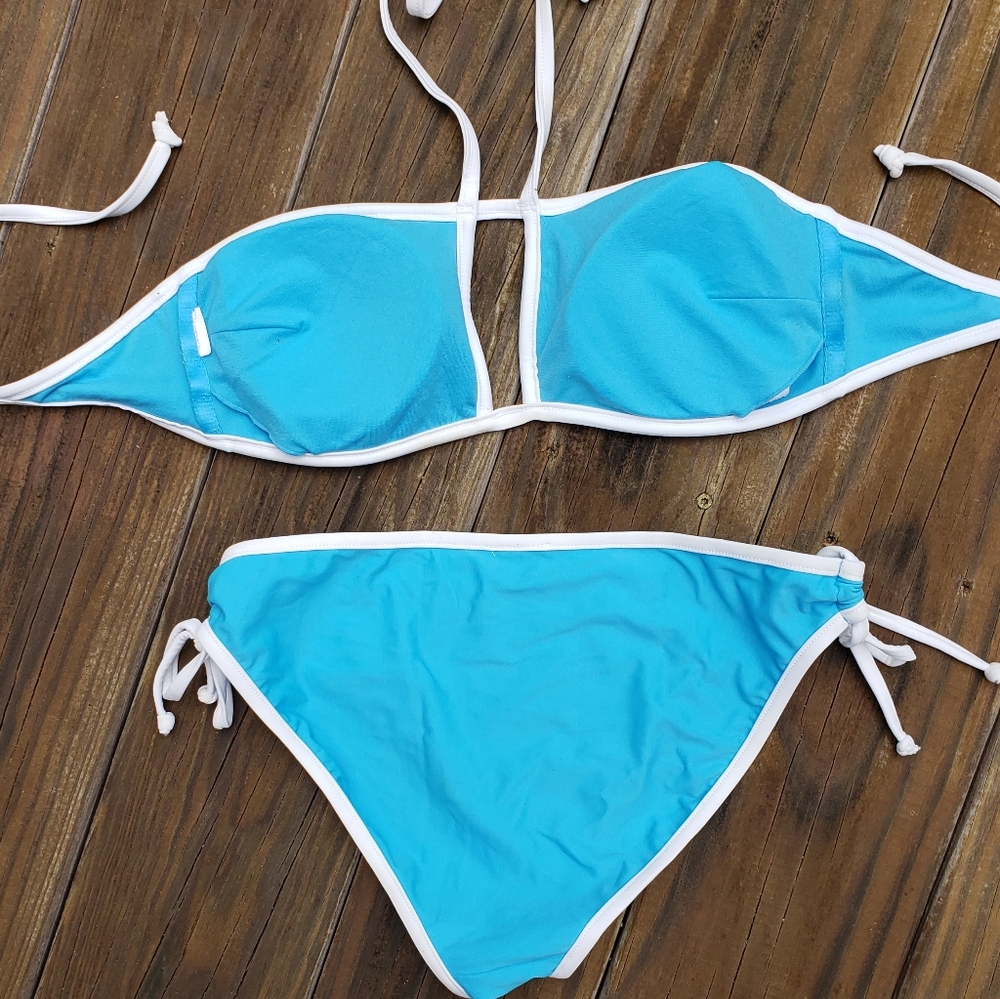 Turquoise White Womens  2 pc Bikini sz 8 C Cup Keyhole Swimsuit Summer Swim